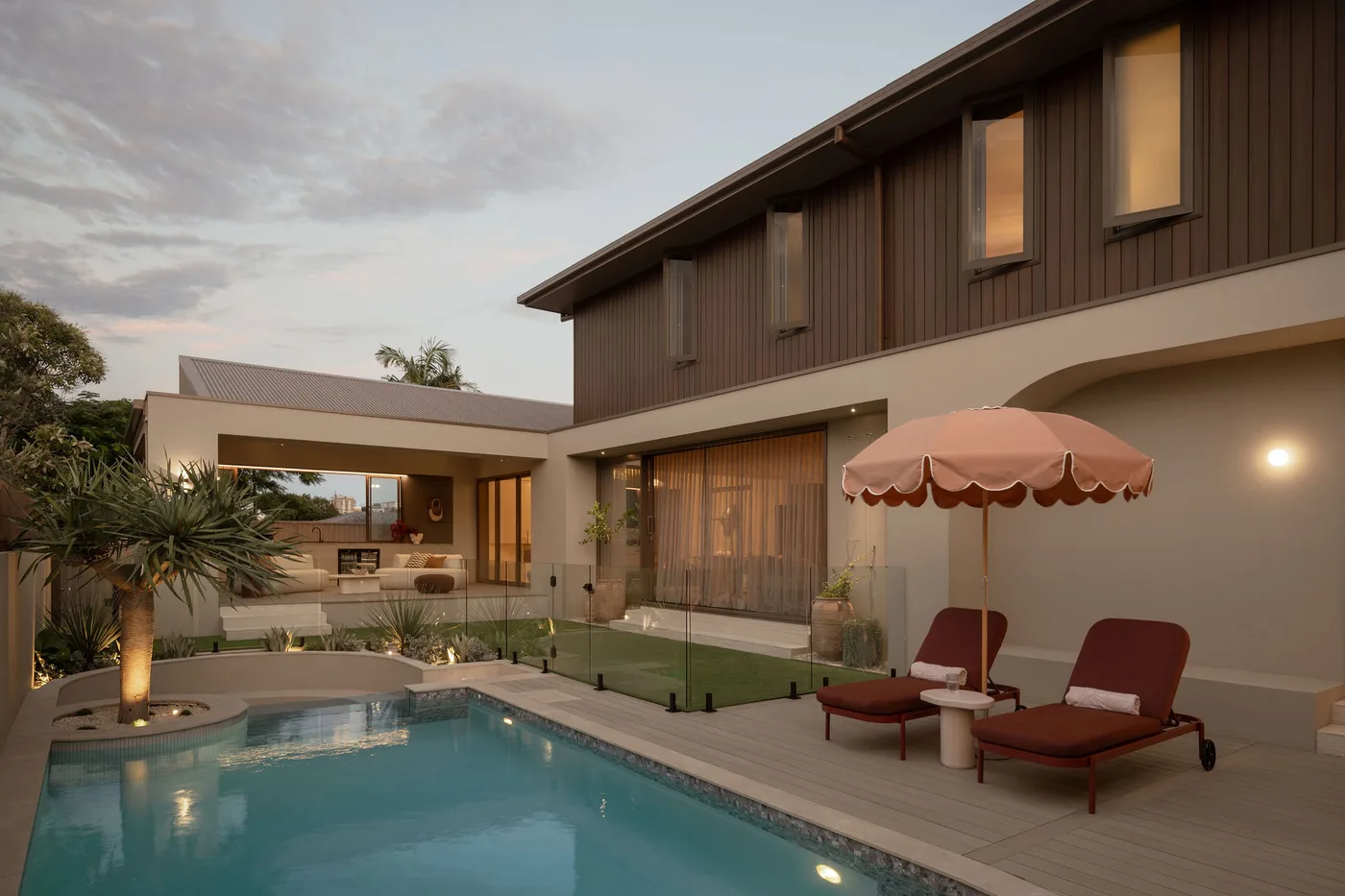 The pool and alfresco area at ZOEI at dusk, a swimwear and resort photoshoot location on the Gold Coast.